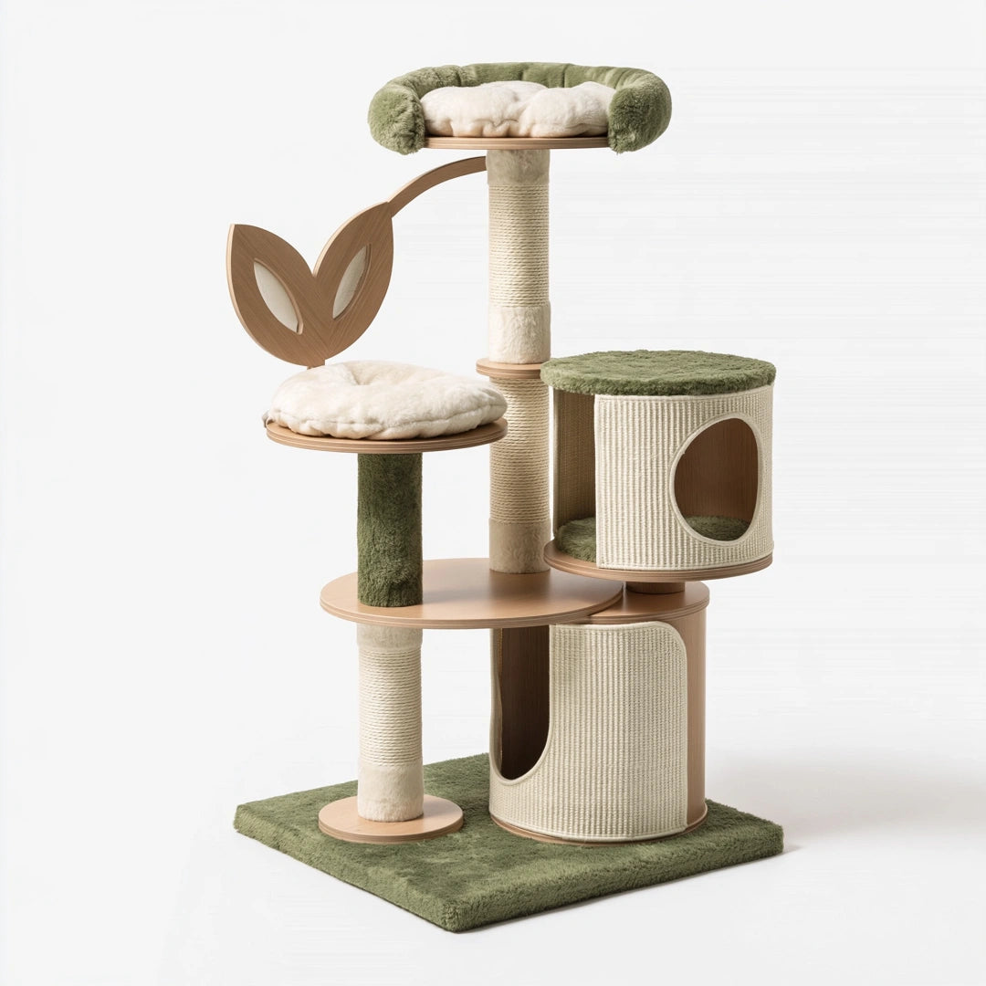 Kratzbaum 60 x 60 x 145 cm aus Holz Sisal und Plüsch in Grün Beige mit Höhlen und Liegeflächen