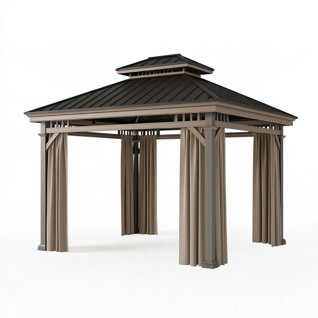Gartenpavillon 300 x 300 x 300 cm Metall Taupe mit Vorhängen für Terrasse und Garten