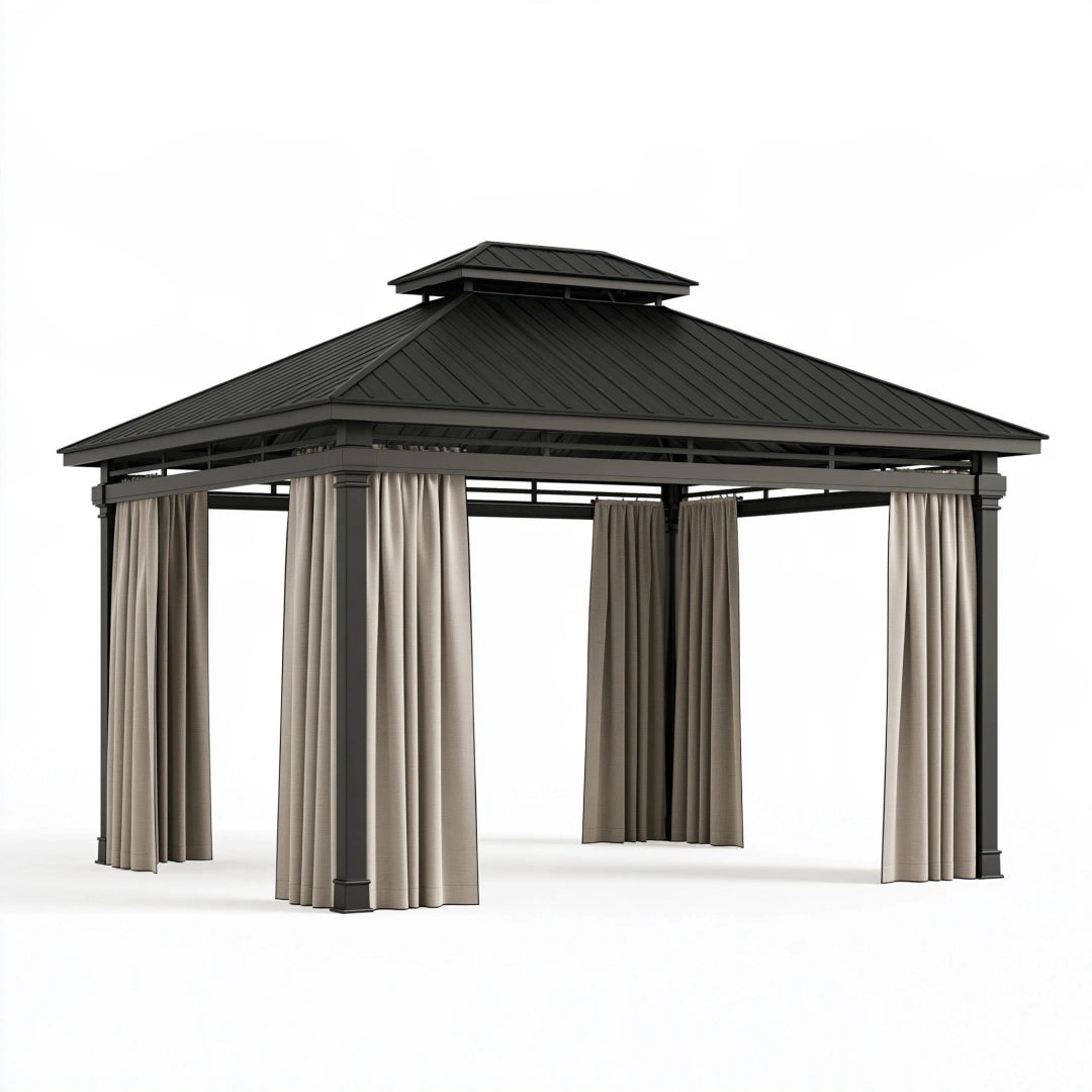 Gartenpavillon 300 x 300 x 300 cm aus Metall in Schwarz/Beige mit Vorhängen - freistehend mit Doppeldach