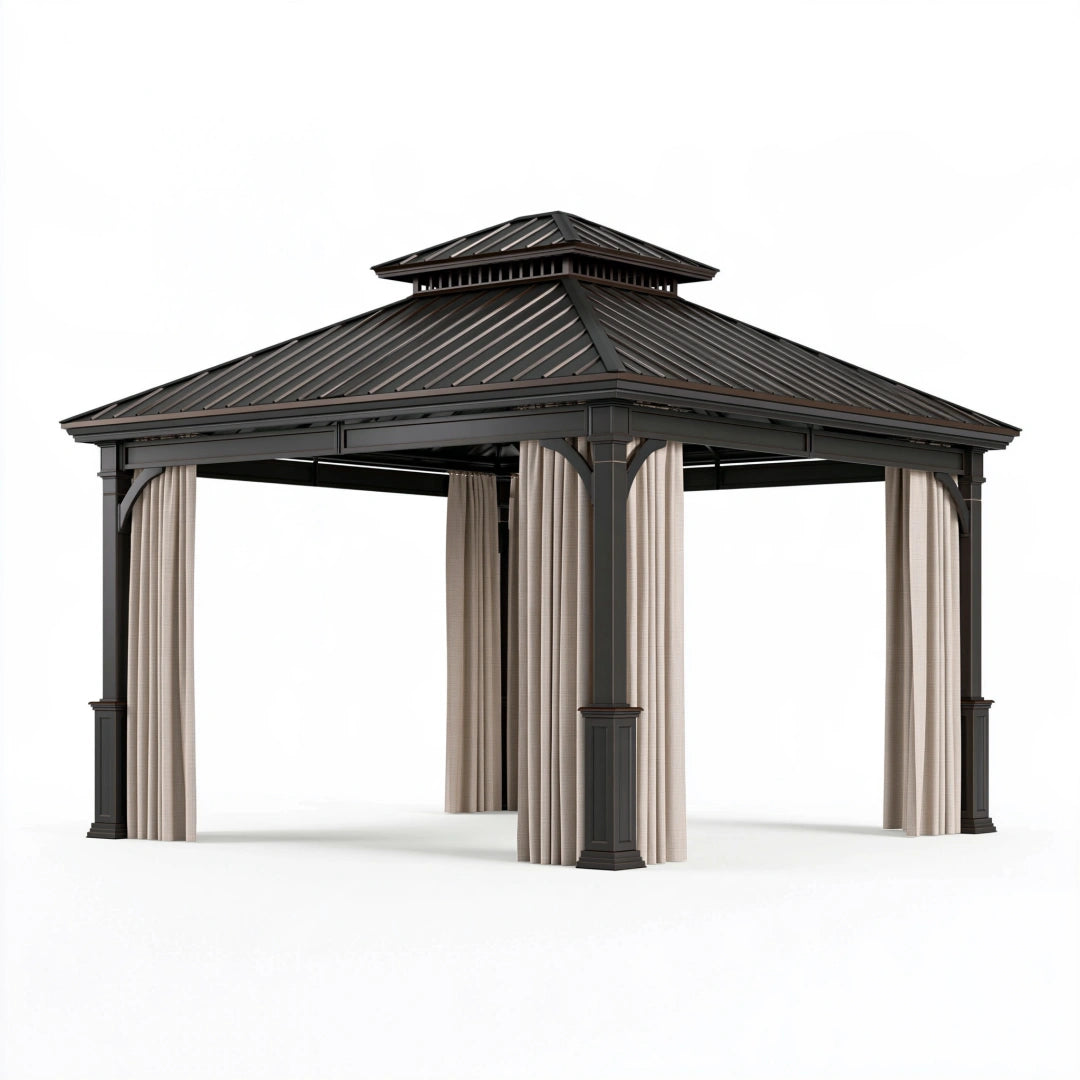 Gartenpavillon 400 x 400 x 330 cm aus Metall Schwarz mit Polyester Seitenvorhängen