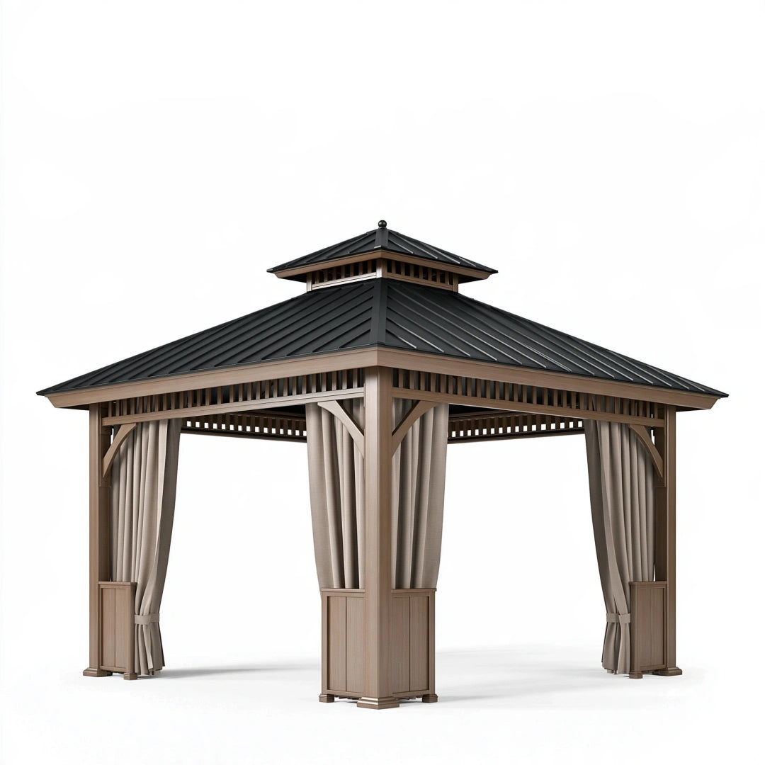 Gartenpavillon 400 x 400 cm Holzoptik Metall Dach mit Vorhängen klassisch