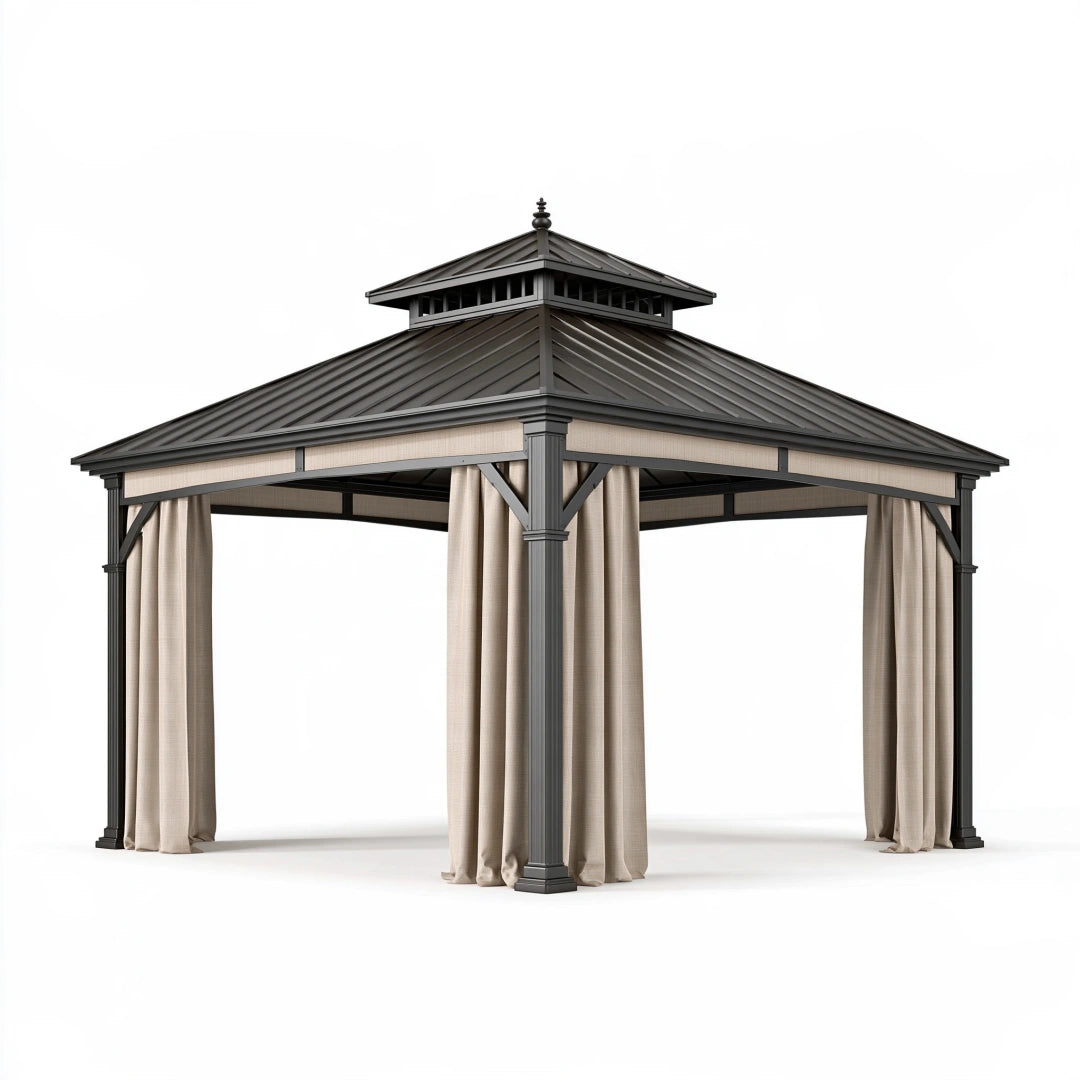Pavillon 300 x 300 x 290 cm Stahl Anthrazit mit Vorhängen