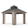 Gartenpavillon 400 x 400 cm Holz Metall Taupe mit Vorhängen und Lüftungsdach