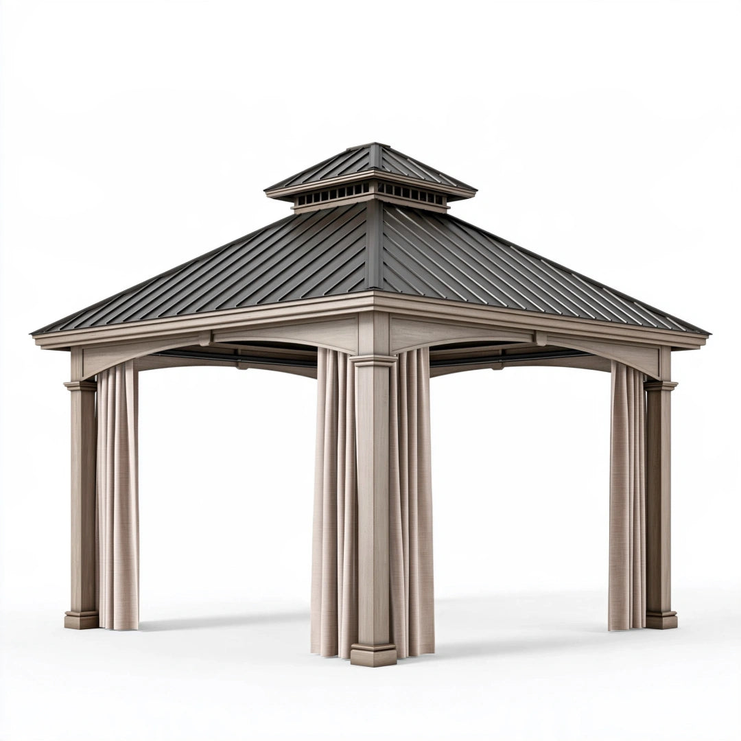 Gartenpavillon 400 x 400 cm Holz Metall Taupe mit Vorhängen und Lüftungsdach