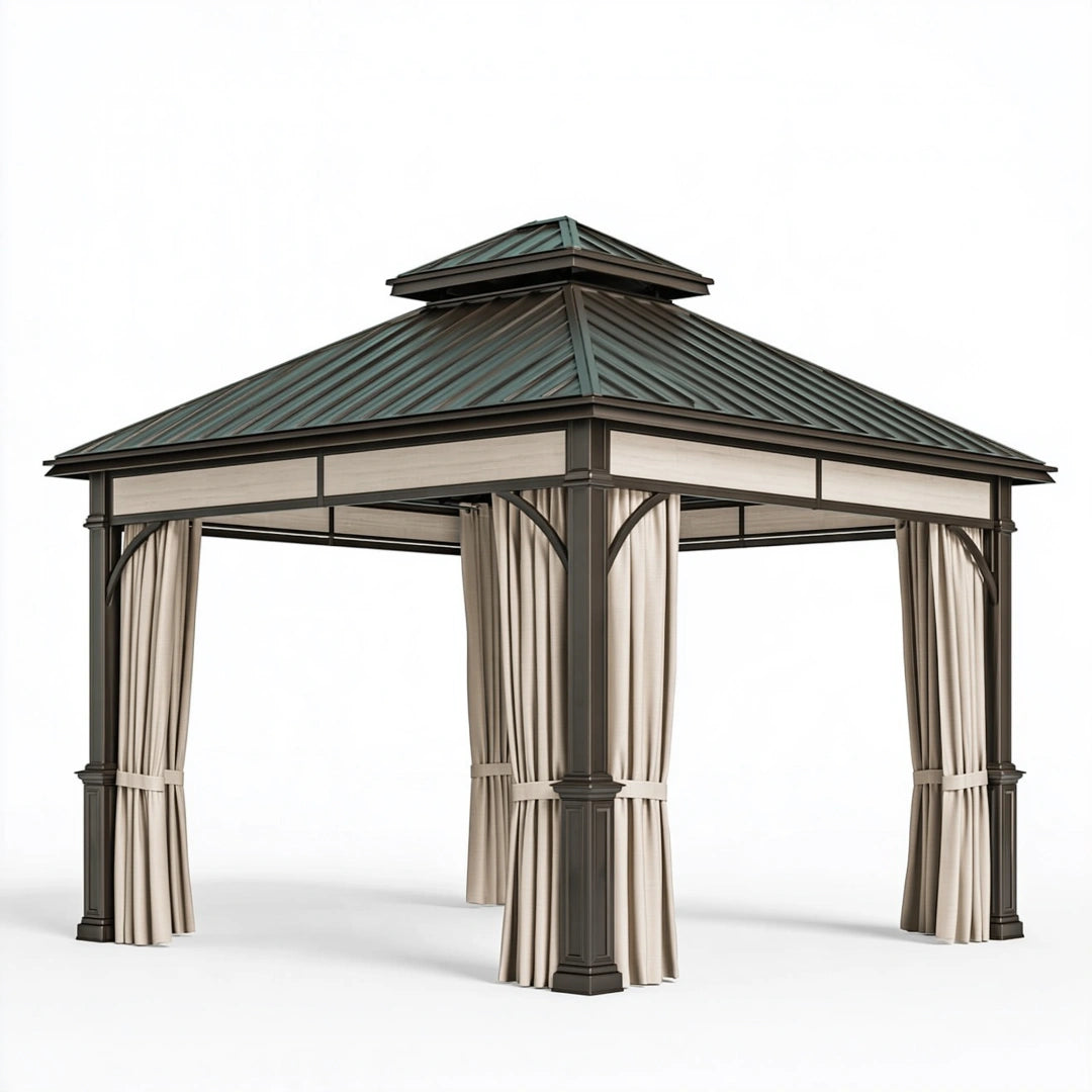 Gartenpavillon 300 x 300 cm aus Metall in Anthrazit mit Vorhängen und Lüftungsdach