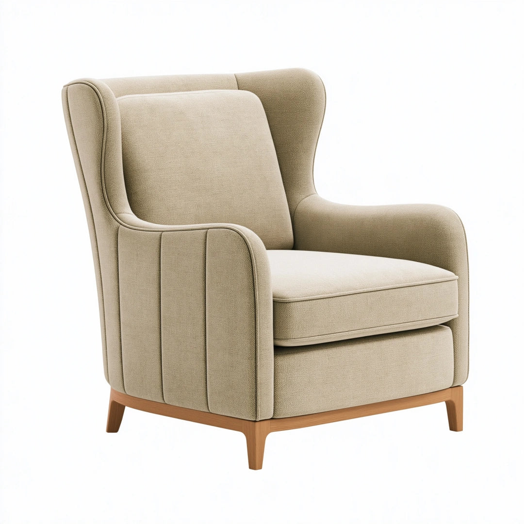 Ohrensessel 82 x 85 x 105 cm in Beige mit Stoffbezug und Holzfüßen - gepolsterter Wohnzimmer Sessel