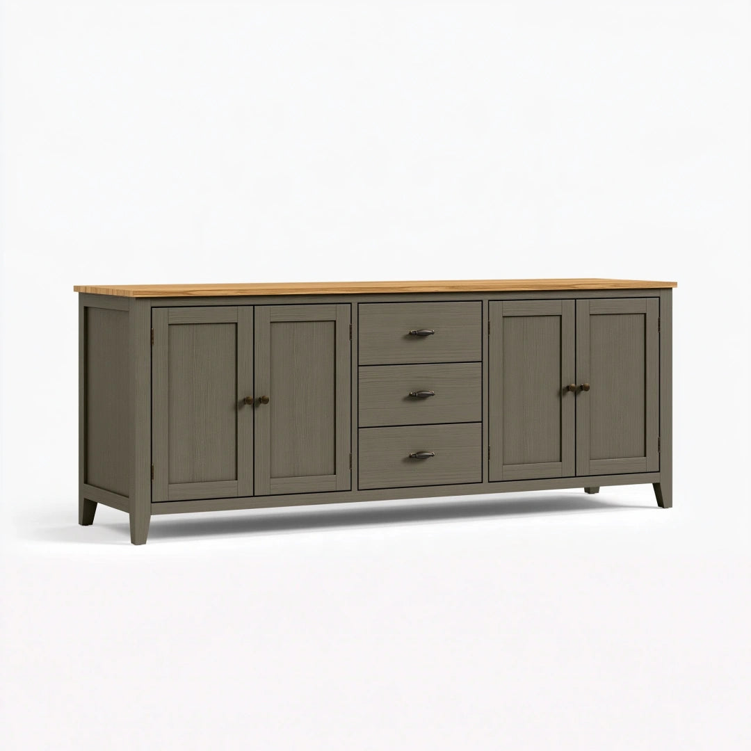 Sideboard 180 x 40 x 80 cm Holzwerkstoff Grau Naturholz mit 3 Schubladen und 4 Türen