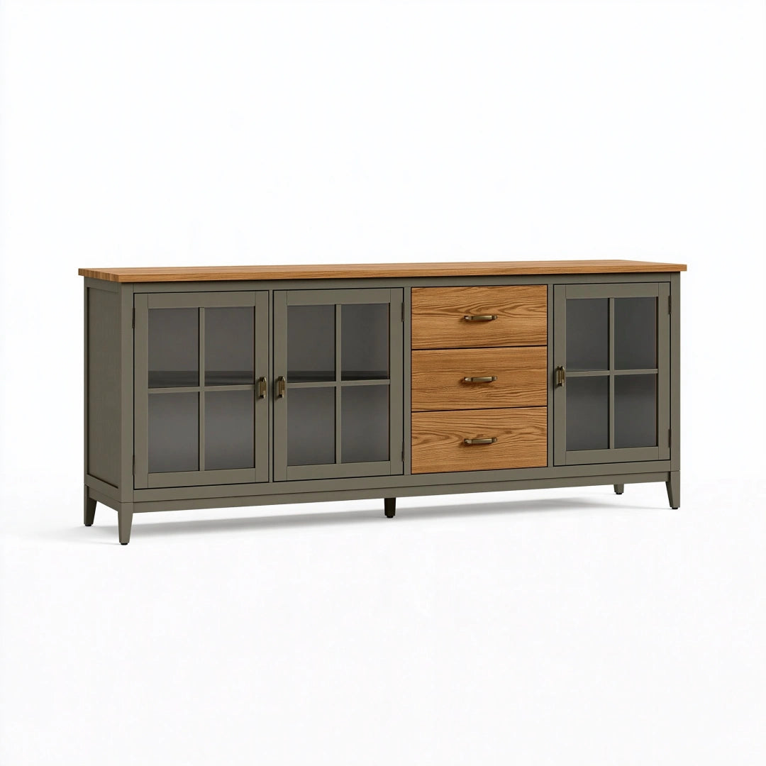 Sideboard 180 x 45 x 85 cm aus Holzwerkstoff in Grau und Natur mit Glastüren im modernen Landhausstil
