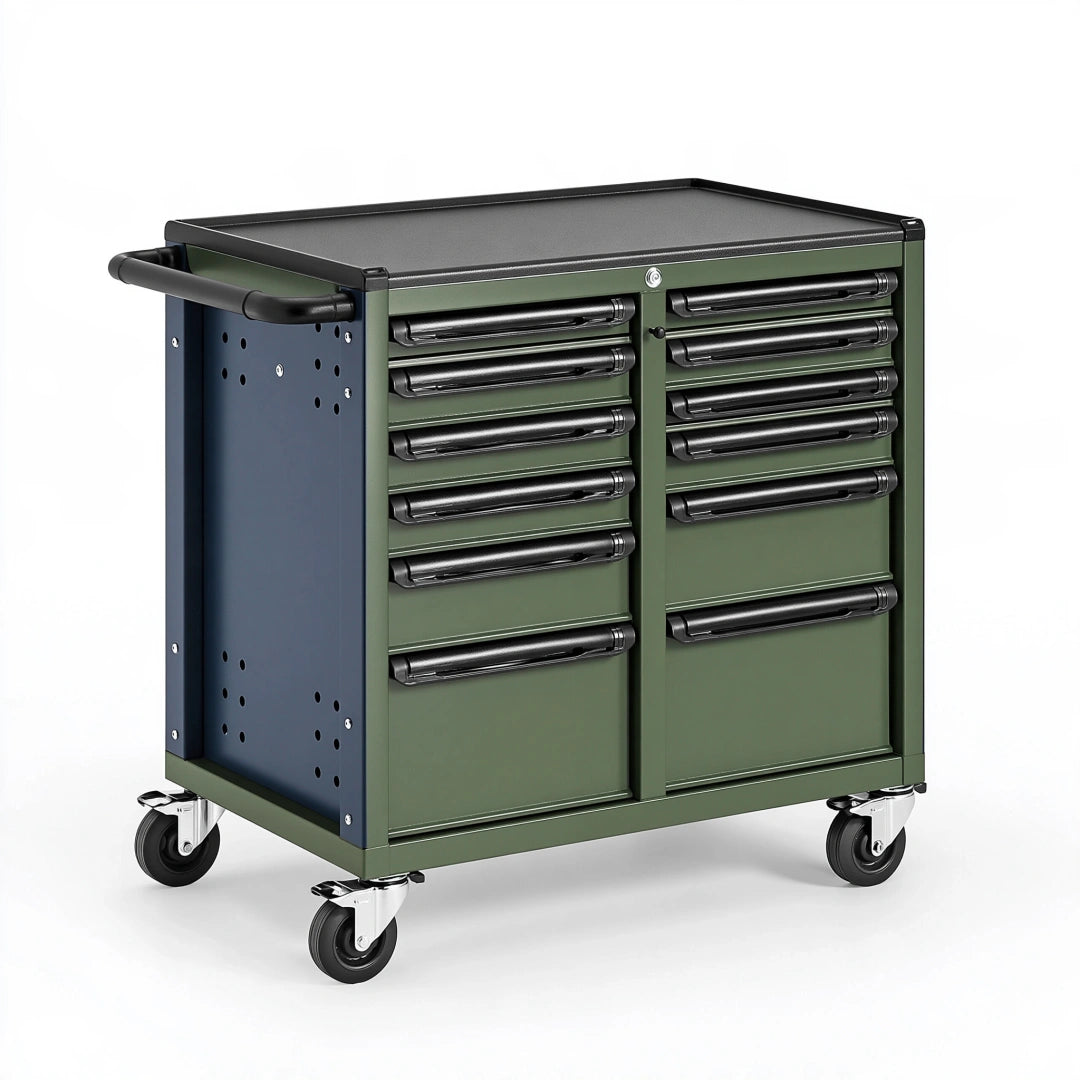 Werkzeugwagen 110 x 55 x 95 cm aus Stahl grün schwarz mit 11 Schubladen
