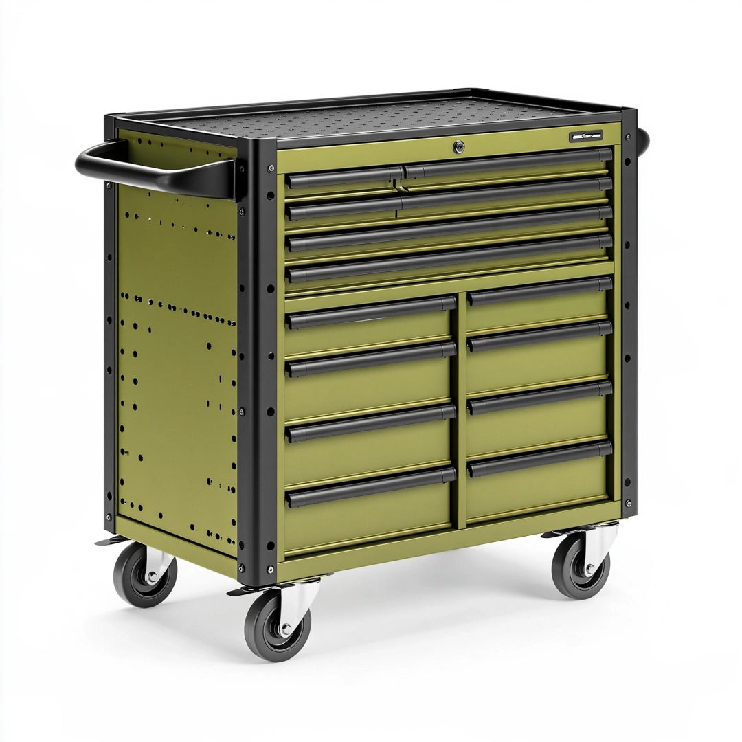 Werkzeugwagen 85 x 50 x 95 cm aus Stahl olivgrün schwarz mit 12 Schubladen mobil