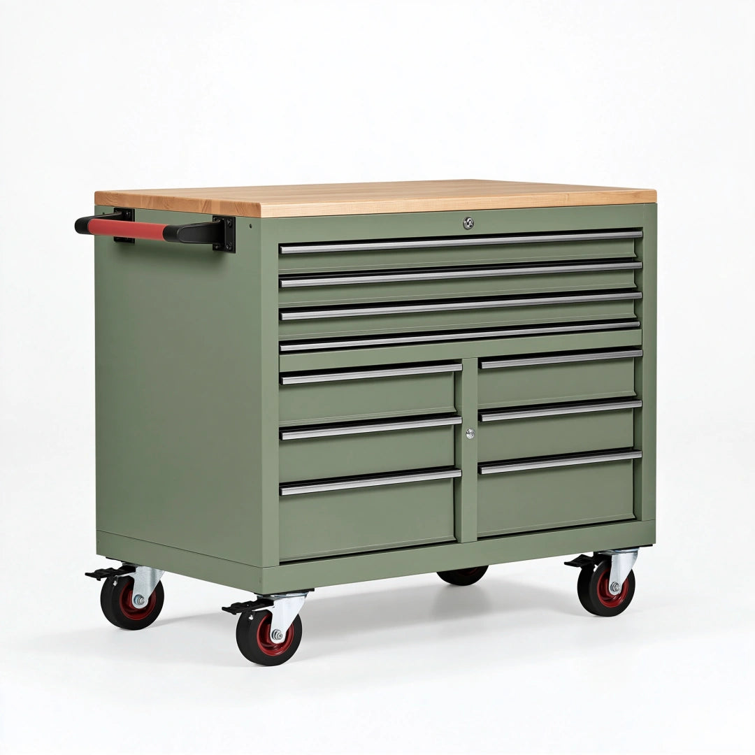Werkstattwagen 100 x 50 x 90 cm Stahl Olivgrün mit Holzarbeitsplatte und 10 Schubladen rollbar