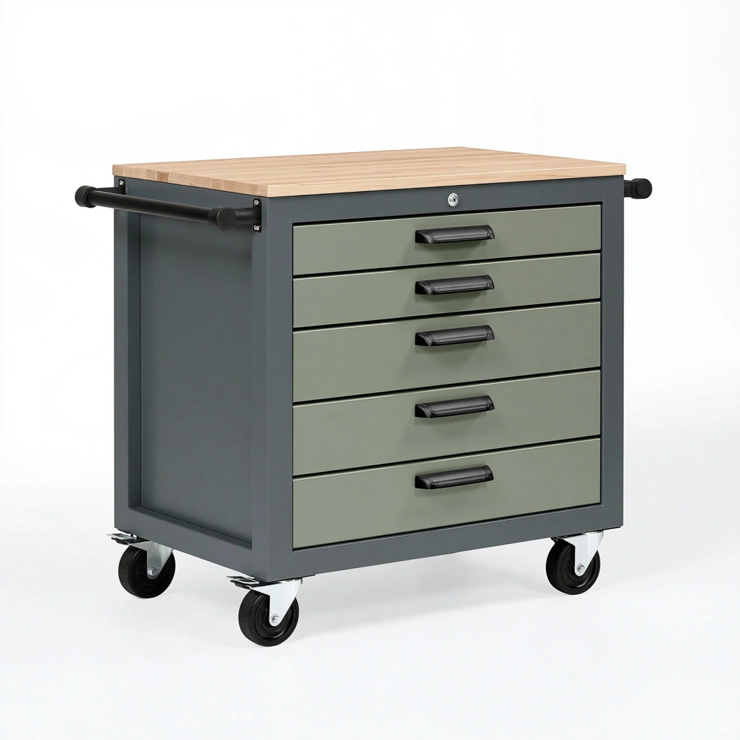 Werkzeugwagen 85 x 50 x 95 cm aus Stahl in Anthrazit Grün mit Holzarbeitsplatte und 5 Schubladen