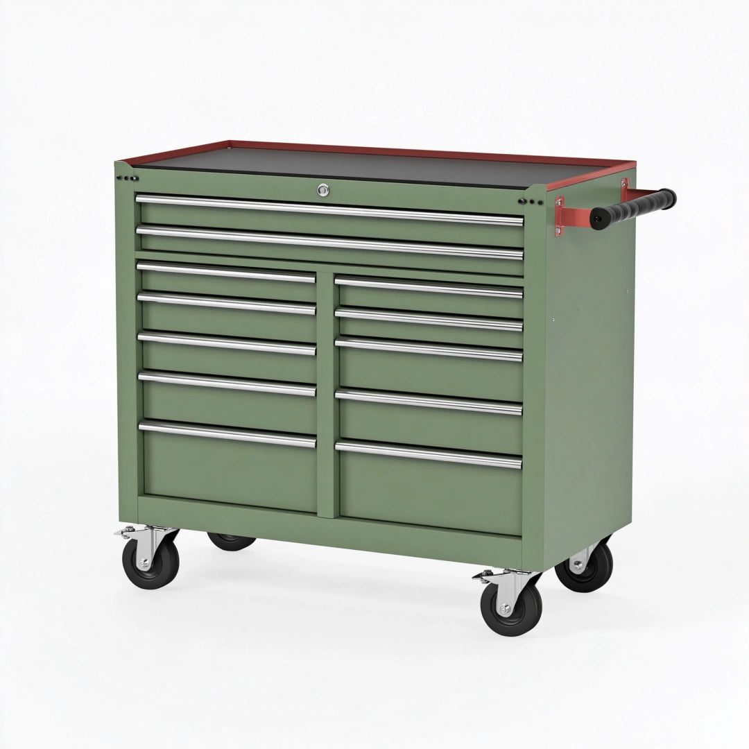 Werkzeugwagen 113 x 56 x 100 cm aus Stahl Grün mit 12 Schubladen und Rollen