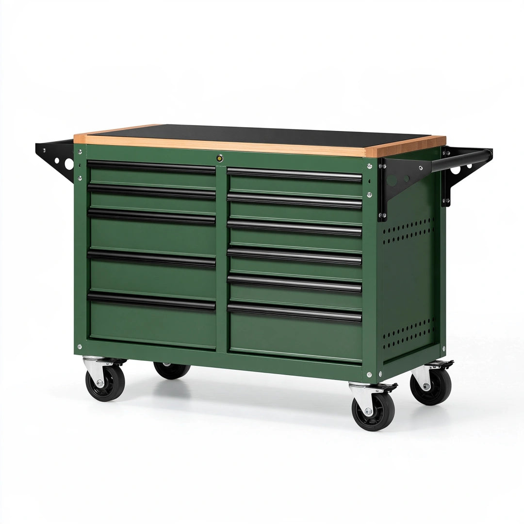 Werkzeugwagen 115 x 55 x 95 cm aus Stahl Grün mit 10 Schubladen und Arbeitsplatte