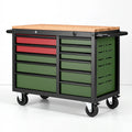 Werkzeugwagen 112 x 50 x 95 cm aus Stahl und Holz in Schwarz Grün Rot - abschließbar mit 10 Schubladen