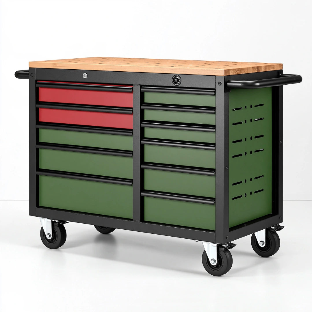 Werkzeugwagen 112 x 50 x 95 cm aus Stahl und Holz in Schwarz Grün Rot - abschließbar mit 10 Schubladen