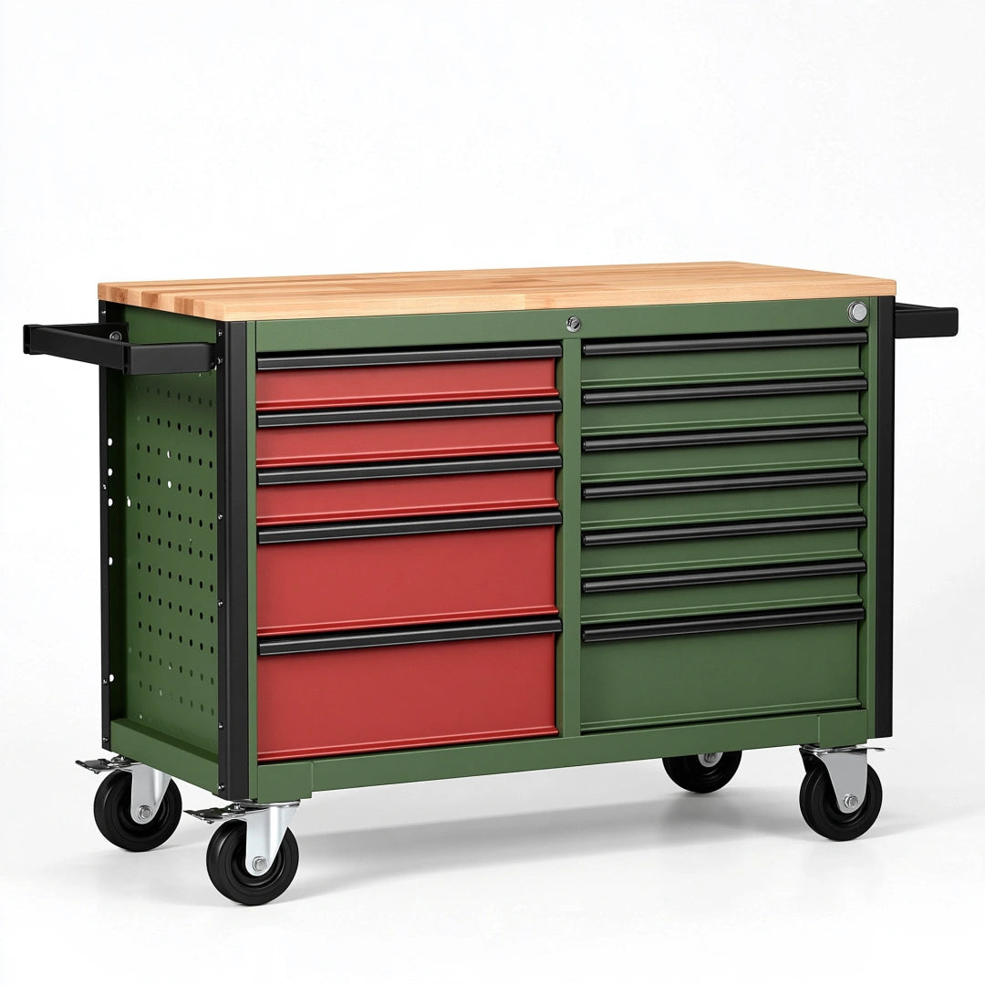 Werkzeugwagen 115 x 60 x 95 cm aus Stahl und Holz Grün Rot mit 11 Schubladen